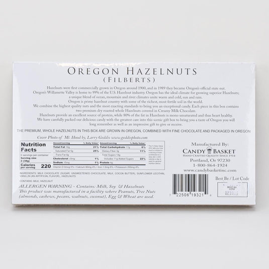 The Candy Basket Mt Hood Chocolate Covered Hazelnuts Ingredients / Back of Box
