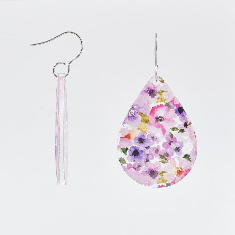 Load image into Gallery viewer, Pink and Purple Flowers Teardrop Acrylic Earrings
