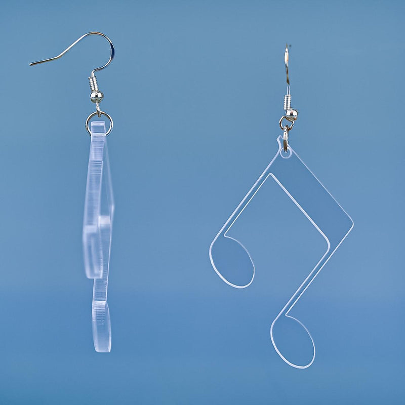 Load image into Gallery viewer, Music Note Clear Acrylic Earrings front and side
