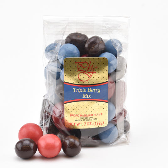 Pacific Hazelnut Farms 7 oz. Triple Berry Mix that includes cherries, blueberries, and cranberries.  They are soaked in berry-infused syrup and coated in chocolate. 