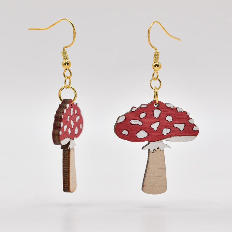Load image into Gallery viewer, Red Mushroom Wooden Dangle Earrings
