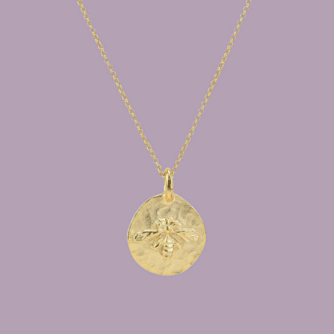 Gold Bee Disk Necklace front