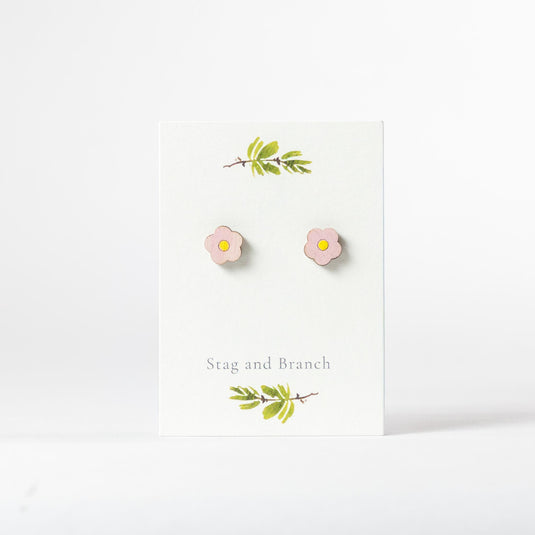 Pink Daisy Wood Stud Earrings