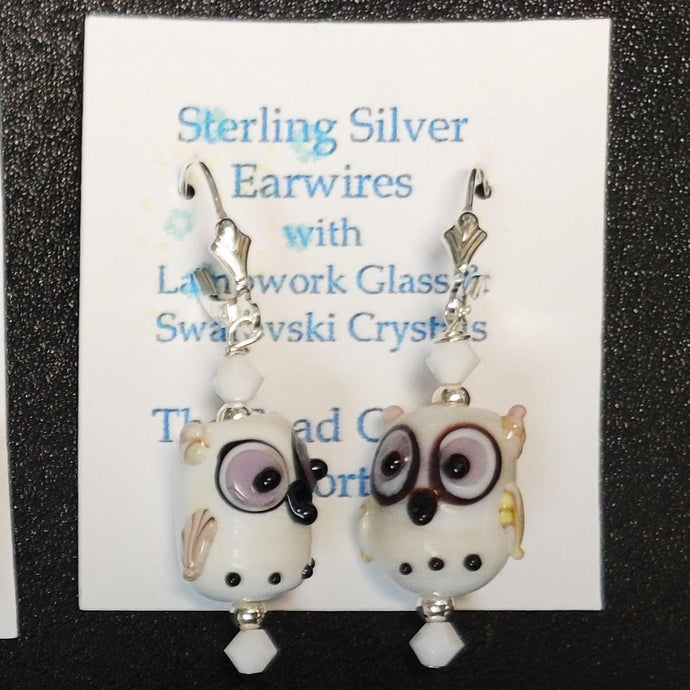 Earring Owl Glass Bead, White