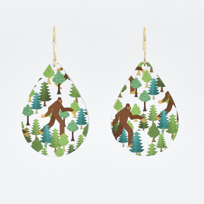 Bigfoot in the Forest Teardrop Acrylic Earrings front