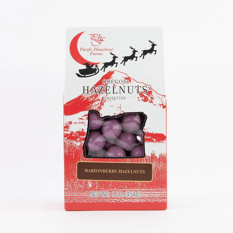 Load image into Gallery viewer, Pacific Hazelnut Farms Marionberry Chocolate Hazelnuts in Holiday Box, 16oz.
