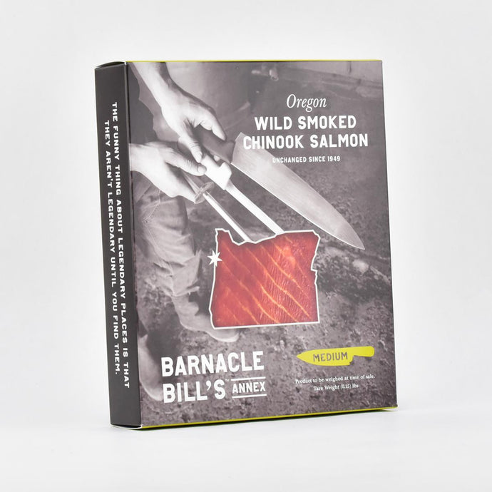 Barnacle Bill's Wild Smoked Medium Chinook, 4oz. front of box angle