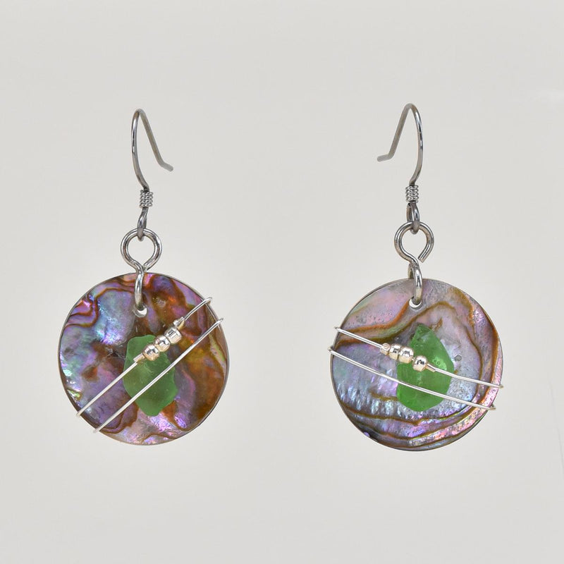 Load image into Gallery viewer, Essence of Fire &amp; Sea Green Beach Glass Earrings front
