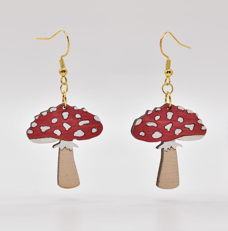 Load image into Gallery viewer, Red Mushroom Wooden Dangle Earrings
