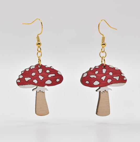 Red Mushroom Wooden Dangle Earrings
