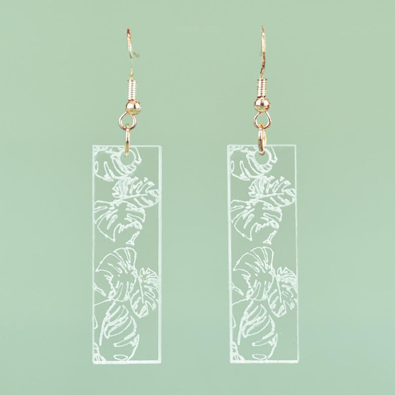 Load image into Gallery viewer, Monstera Rectangle Engraved Acrylic Earrings front
