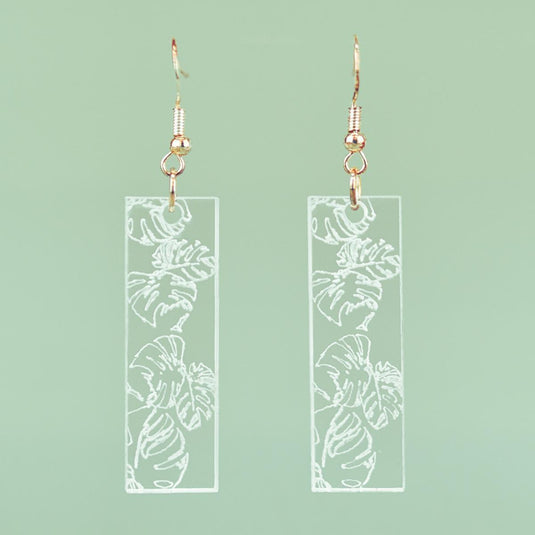 Monstera Rectangle Engraved Acrylic Earrings front