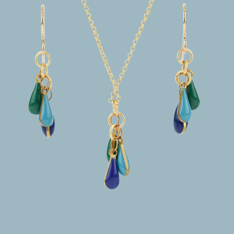 Load image into Gallery viewer, Blue and Green Teardrops Frankie Earrings and necklace front
