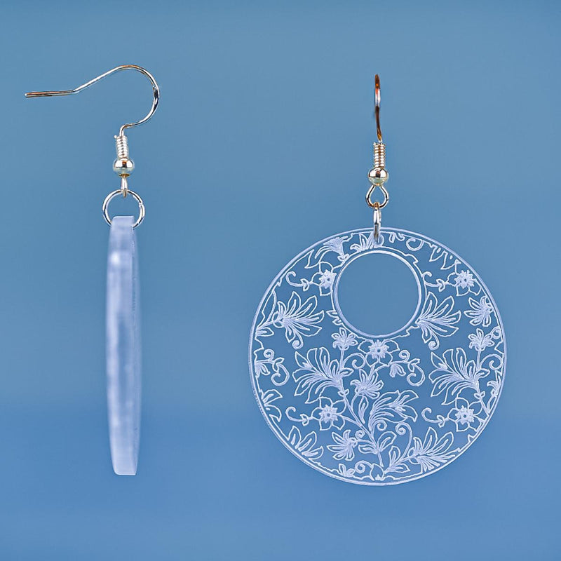 Load image into Gallery viewer, Damask Engraved Acrylic Earrings front and side
