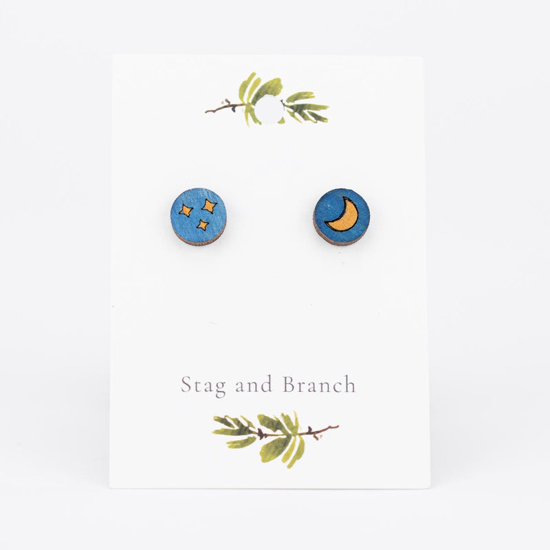 Load image into Gallery viewer, Moon and Stars Asymmetric Wooden Stud Earrings
