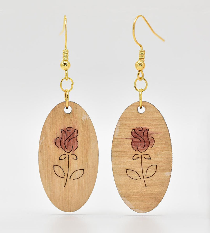 Load image into Gallery viewer, Red Rose Wooden Dangle Earrings
