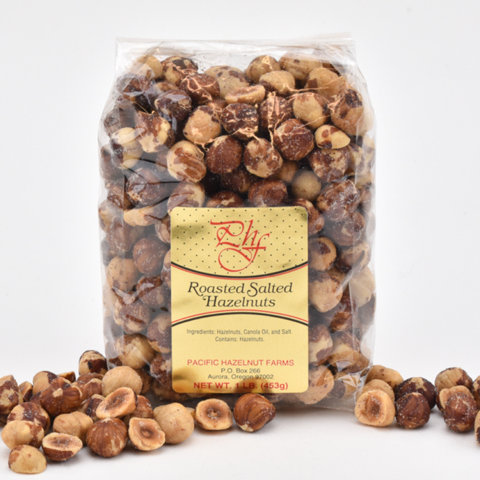 Large one pound bag of roasted salted hazelnuts from Pacific Hazelnut Farms