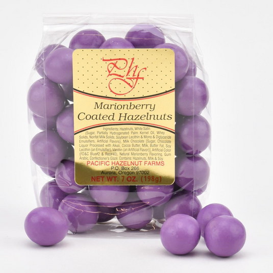 Pacific Hazelnut Farms 7 oz. clear bag of Marionberry Coated Hazelnuts.