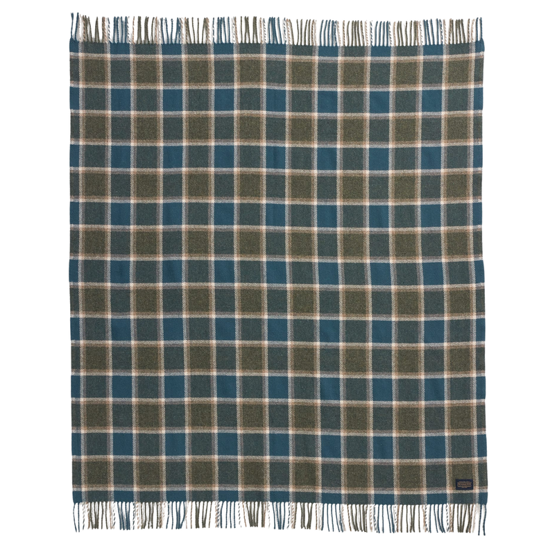 Load image into Gallery viewer, Pendleton Eco-Wise Olive/Sea Blue Check Washable Wool Blanket, Throw
