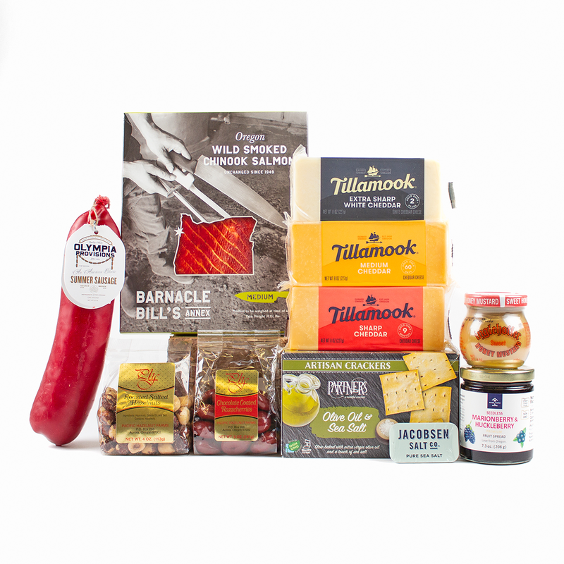 Load image into Gallery viewer, Hood to Coast Cheese Gift Basket with trio of Tillamook cheese, smoked chinook salmon, Olympia sausage, and more. 
