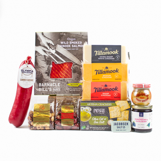 Hood to Coast Cheese Gift Basket with trio of Tillamook cheese, smoked chinook salmon, Olympia sausage, and more. 