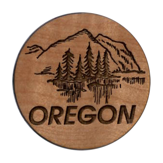 Engraved Wood Oregon Mountain Magnet, Round
