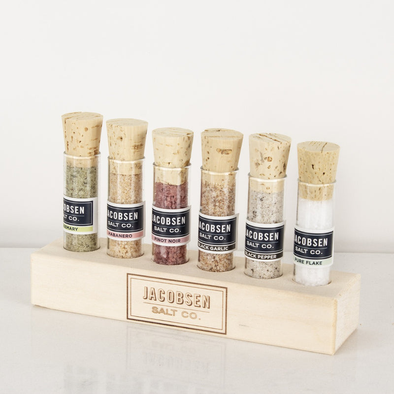 Load image into Gallery viewer, Jacobsen Salt 6 Vial Set W Branded Wood Stand Front View

