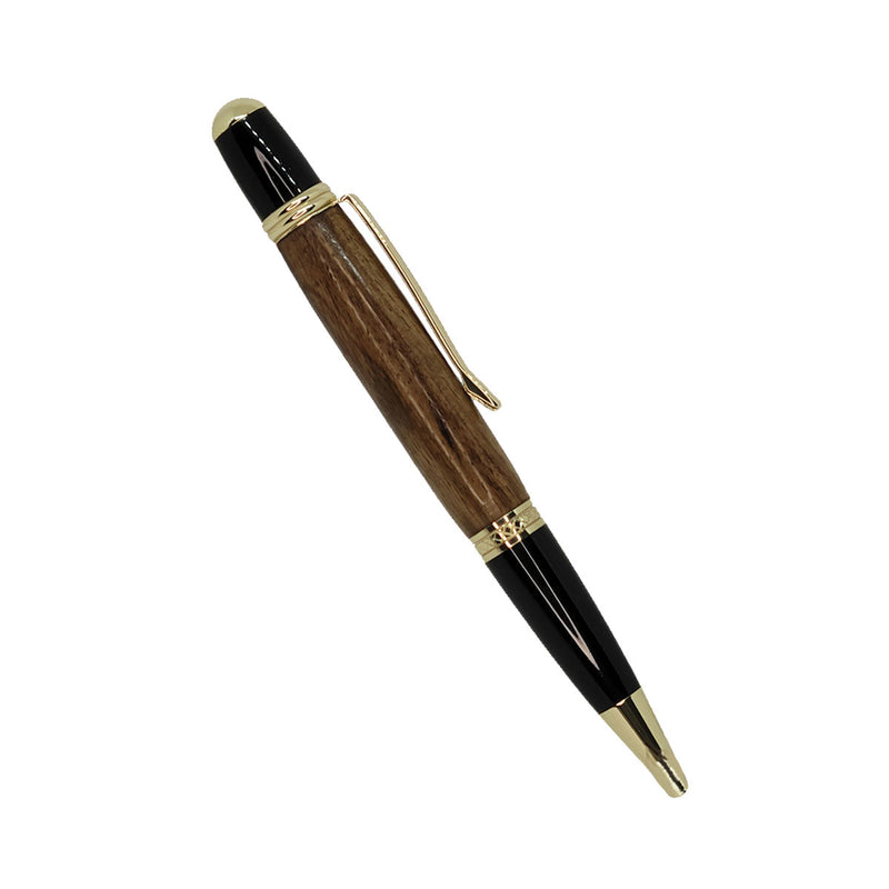 Load image into Gallery viewer, Made In Oregon Myrtlewood Wall Street Pen, with black and gold details.
