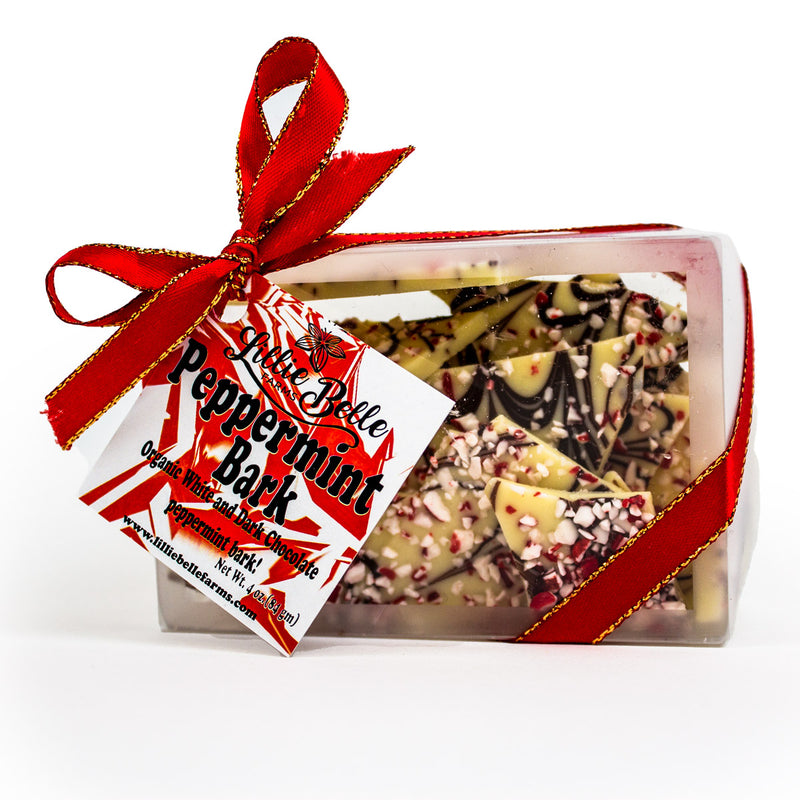 Load image into Gallery viewer, Peppermint Bark, Lillie Belle Farms 

A unique take on a Holiday Favorite! Marbled organic white chocolate and organic dark chocolate with refreshing peppermint bits. Created by Lillie Belle Farms.
