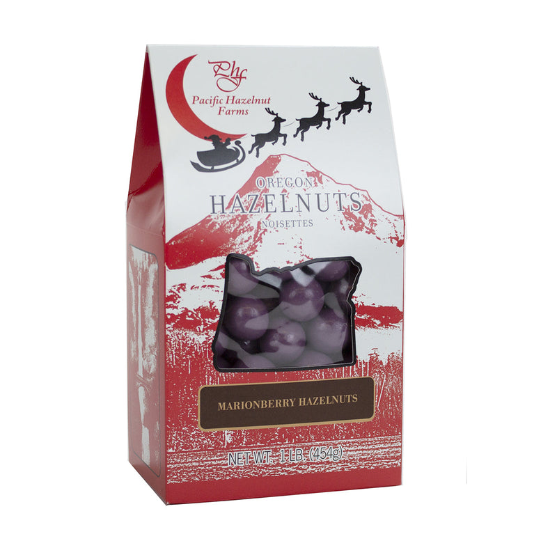 Load image into Gallery viewer, Pacific Hazelnut Farms Marionberry Chocolate Hazelnuts in Holiday Box, 16oz.
