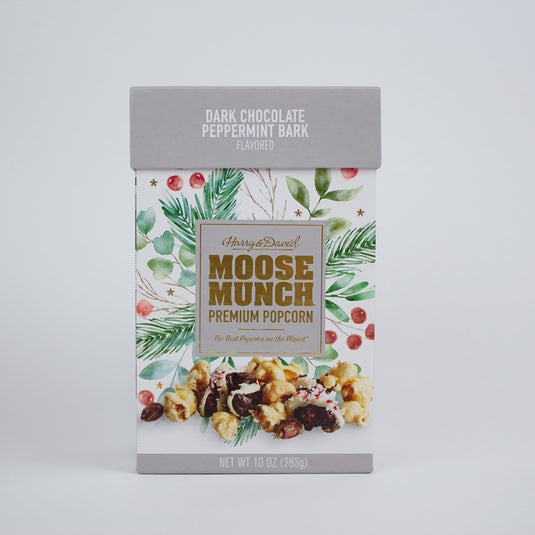 Harry & David festive box of Dark Chocolate Peppermint Bark Moose Munch popcorn