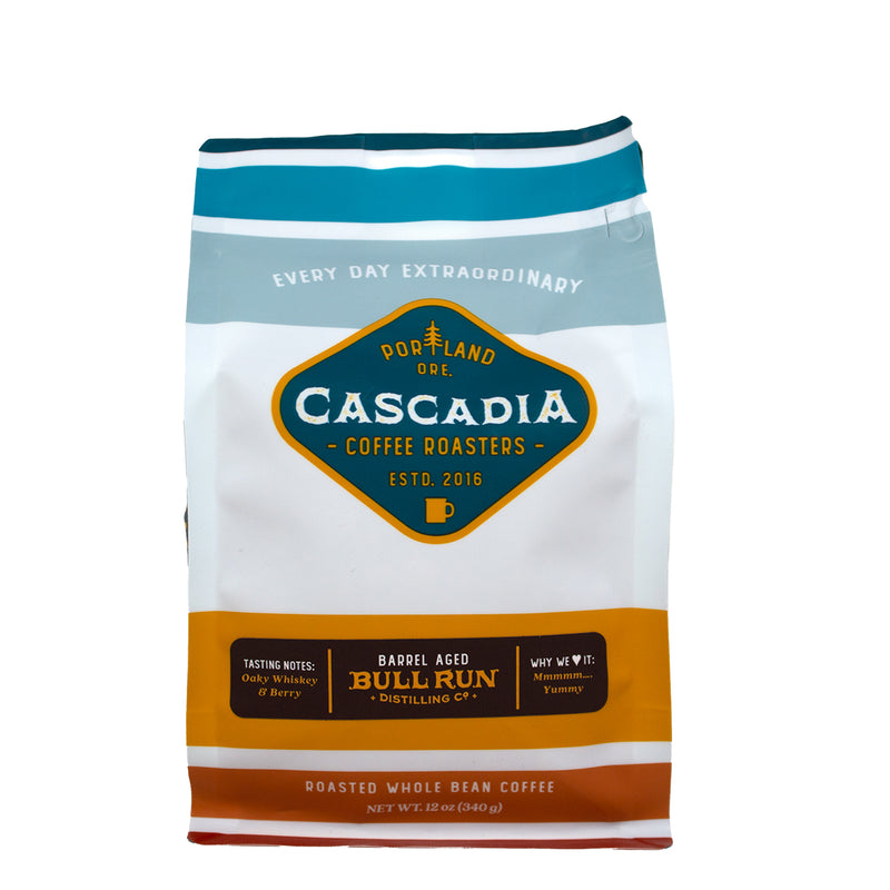 Load image into Gallery viewer, Cascadia Roasters Bourbon Barrel Aged Whole Bean Coffee, 12oz

