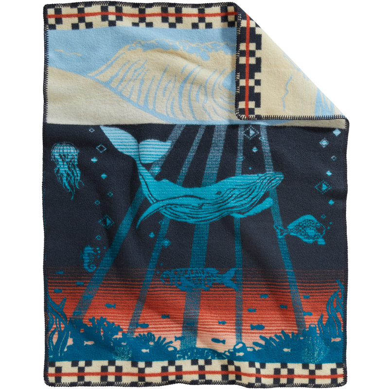Load image into Gallery viewer, Pendleton Tide School Whale Muchacho Wool Baby Blanket Back
