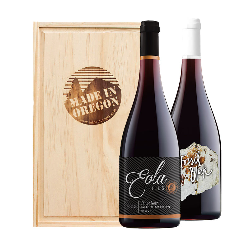 Load image into Gallery viewer, Pinot Noir Duo includes: Eola Hills Pinot Noir - Fossil Block, Eola Hills Pinot Noir - Barrel Select, and Wood Wine Crate
