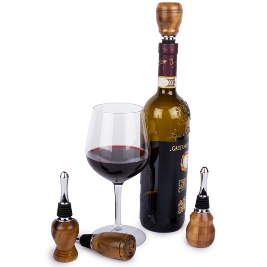 Canyon River Wood Wine Stopper Myrtlewood Pear with Wine
