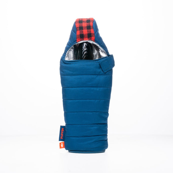 Puffin Beverage Sailor Blue Sleeping Bag Bottle Koozie, blue with stripe of red and black plaid.