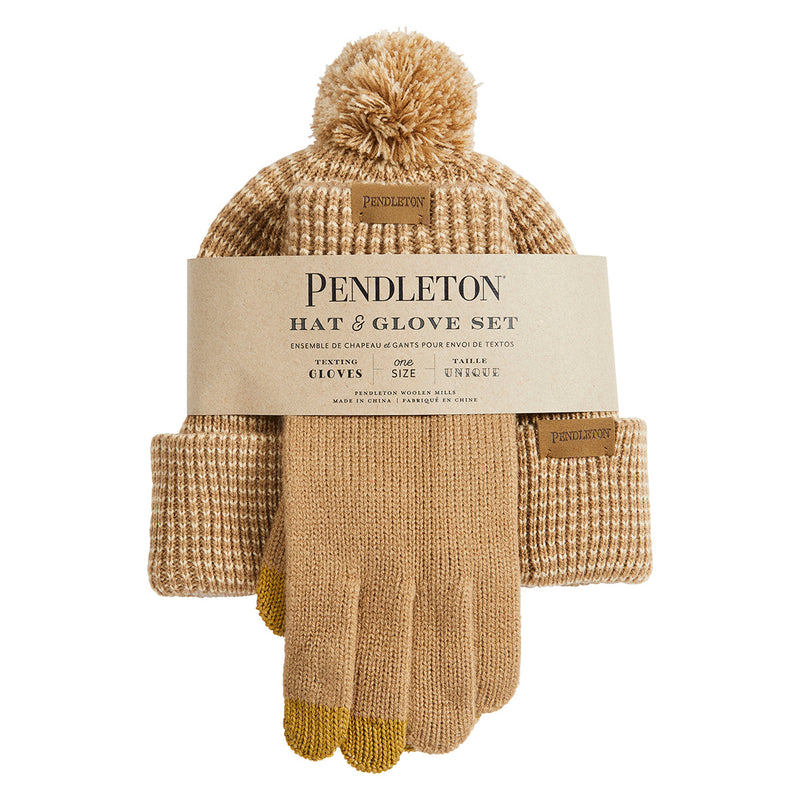 Load image into Gallery viewer, Pendleton Tan Knit Beanie and Glove Set in Packaging
