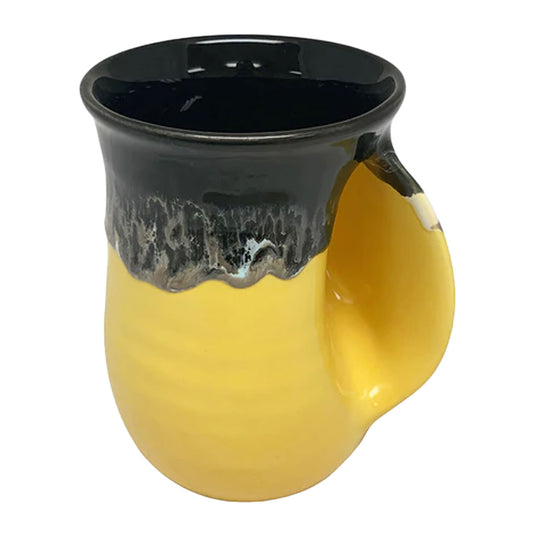 Clay In Motion Black Yellow Handwarmer Mug, Right Hand